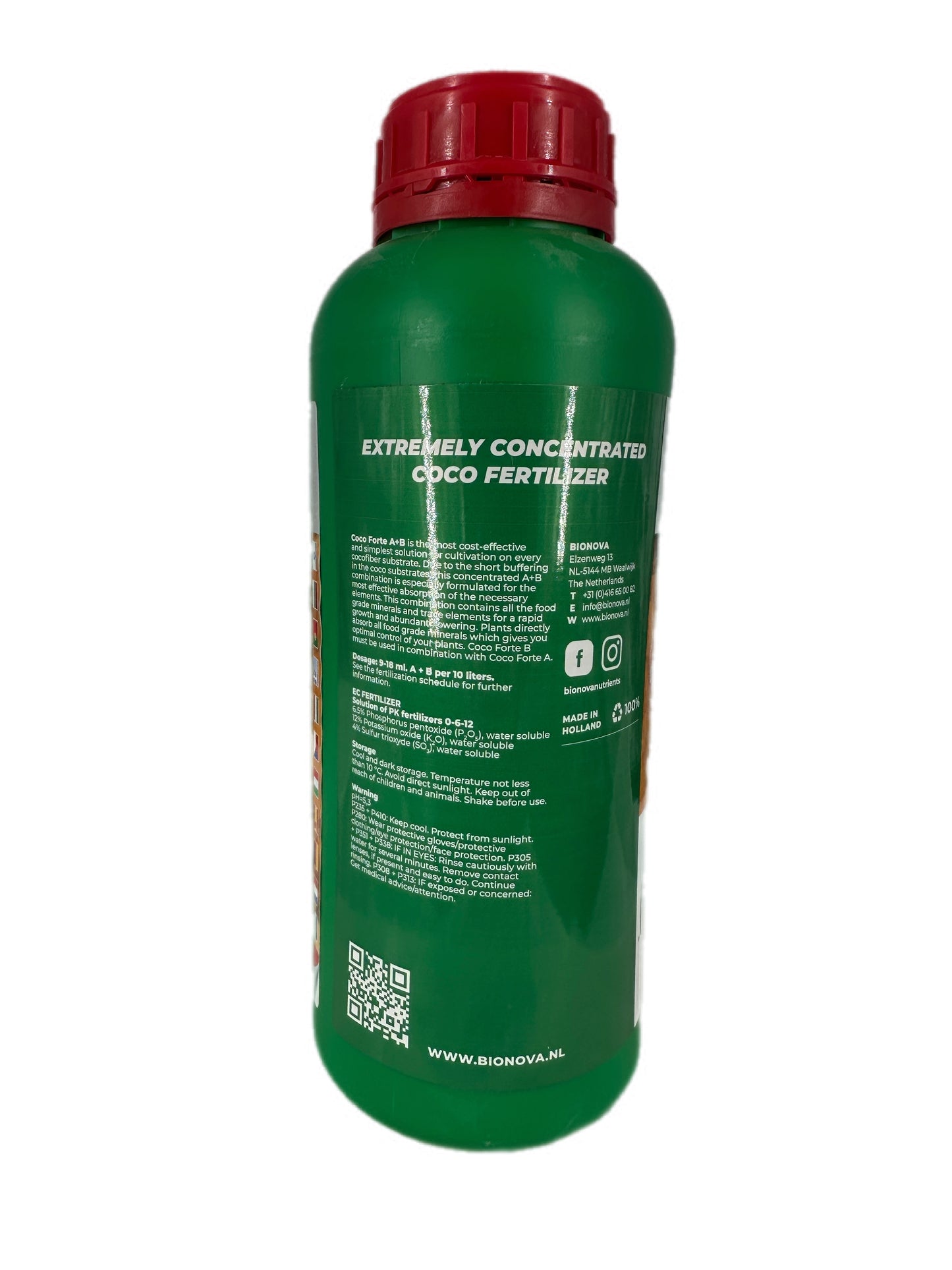 Back label of BioNova Coco Forte A bottle showing usage instructions and nutrient breakdown