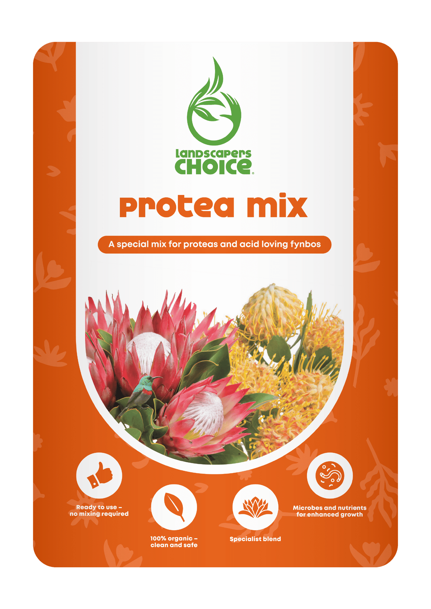Orange and white bag of Landscapers Choice Protea Mix – ideal for proteas and fynbos plants with added microbes and nutrients