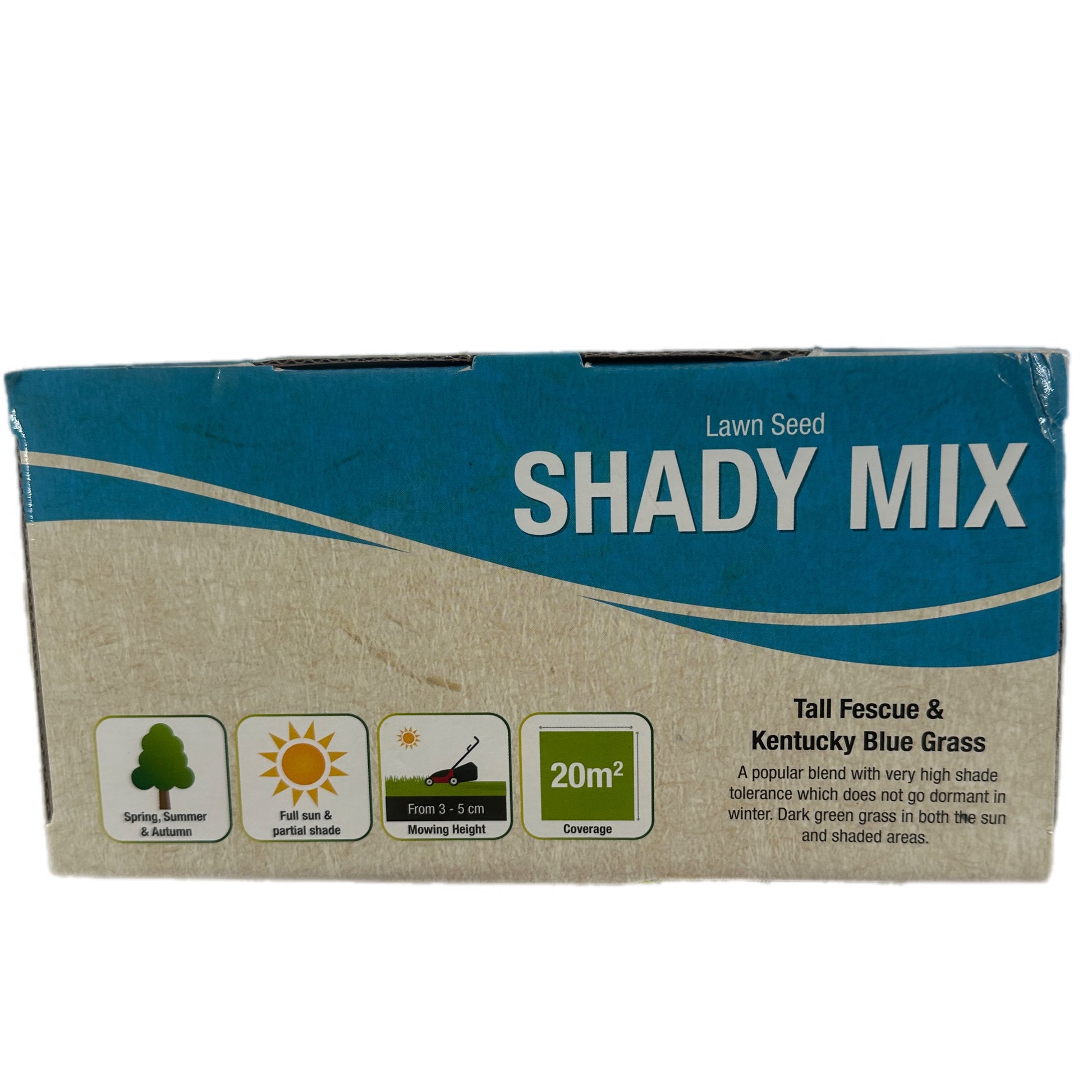 Shady Mix side panel showing growth info, sunlight needs, mowing height, and blend details.