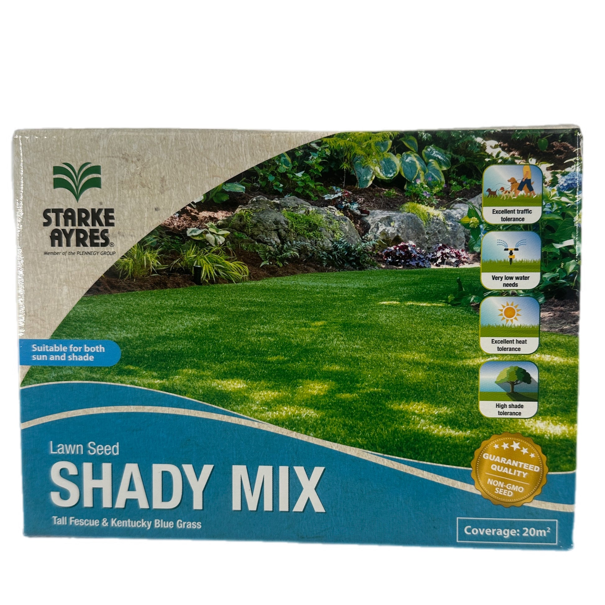 Front packaging of Shady Mix Lawn Seed featuring lush lawn image and icons for tolerance and coverage