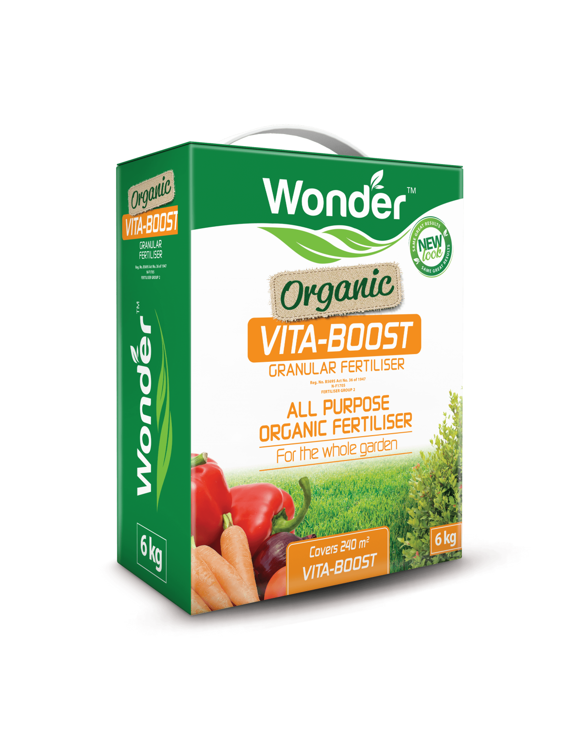 Wonder Organic Vita-Boost 6kg Granular Fertiliser - All-purpose organic fertiliser for the whole garden, shown in a green box with peppers and carrots.