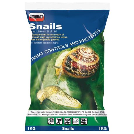 1kg bag of Kombat Snail Bait for controlling snails and slugs in gardens, flower beds, and vegetable patches