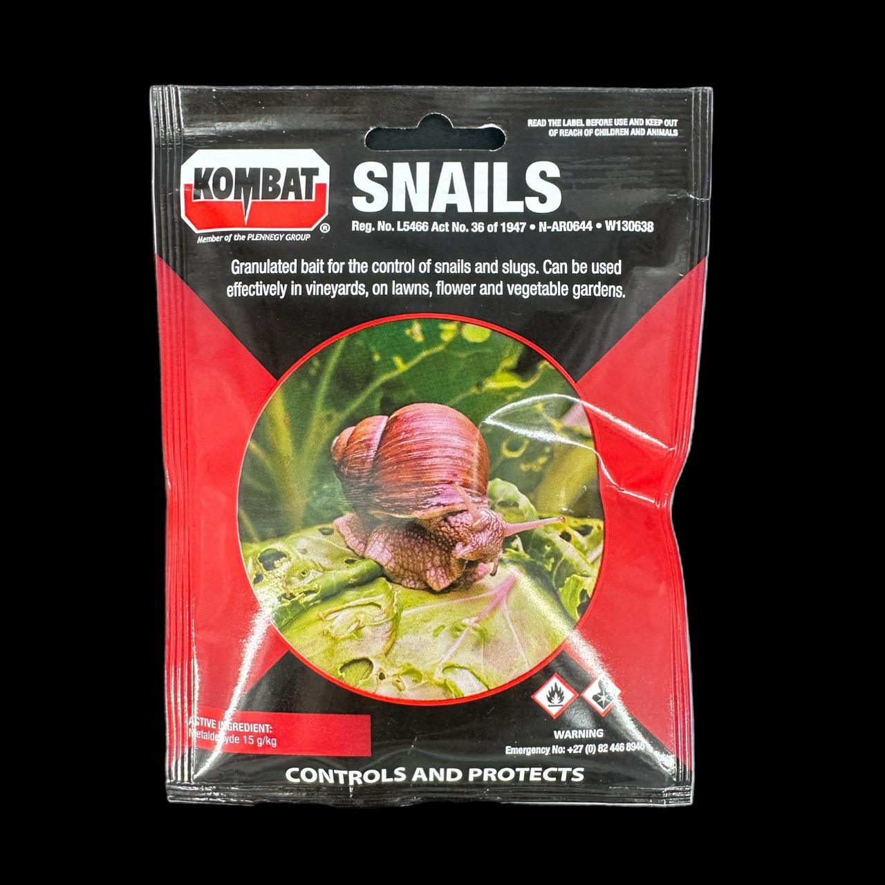 75g pack of Kombat Snail Bait for controlling snails and slugs in flower beds, vegetable gardens, and vineyards