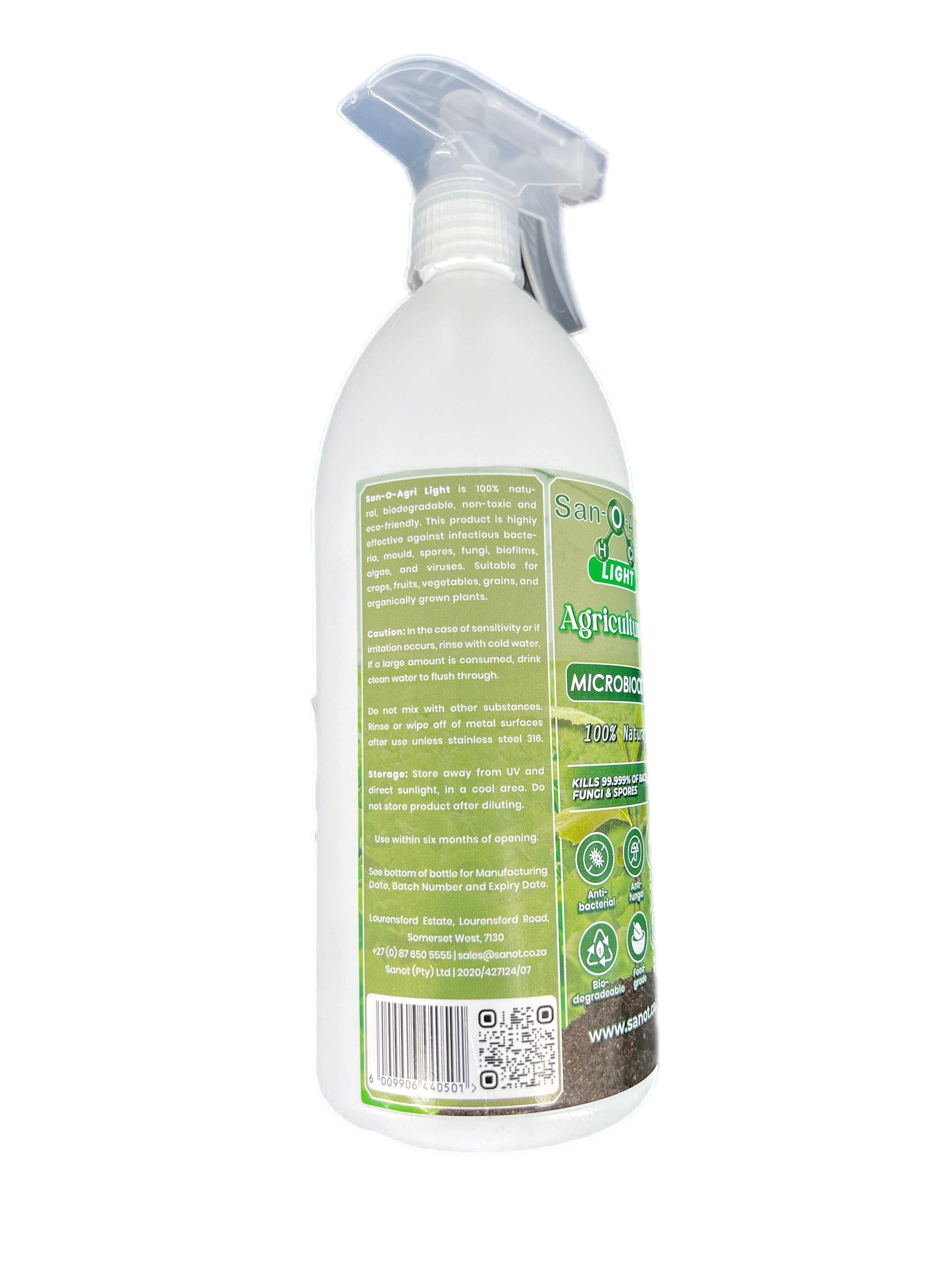 Back view of San-O-Agri Light Microbiocide 1L bottle with safety instructions, storage info, and barcode