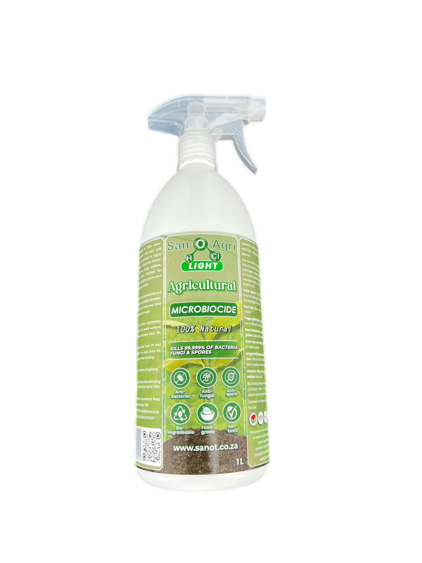 Front view of San-O-Agri Light Agricultural Microbiocide 1L bottle with spray nozzle and green label showing product features and branding.