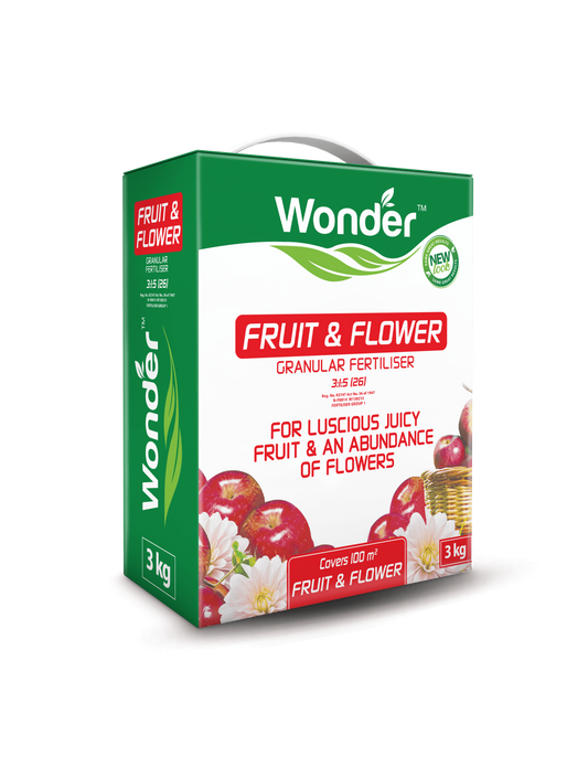 Wonder Fruit & Flower granular fertilizer 3kg box – ideal for juicy fruit and vibrant blooms, covers 100m²